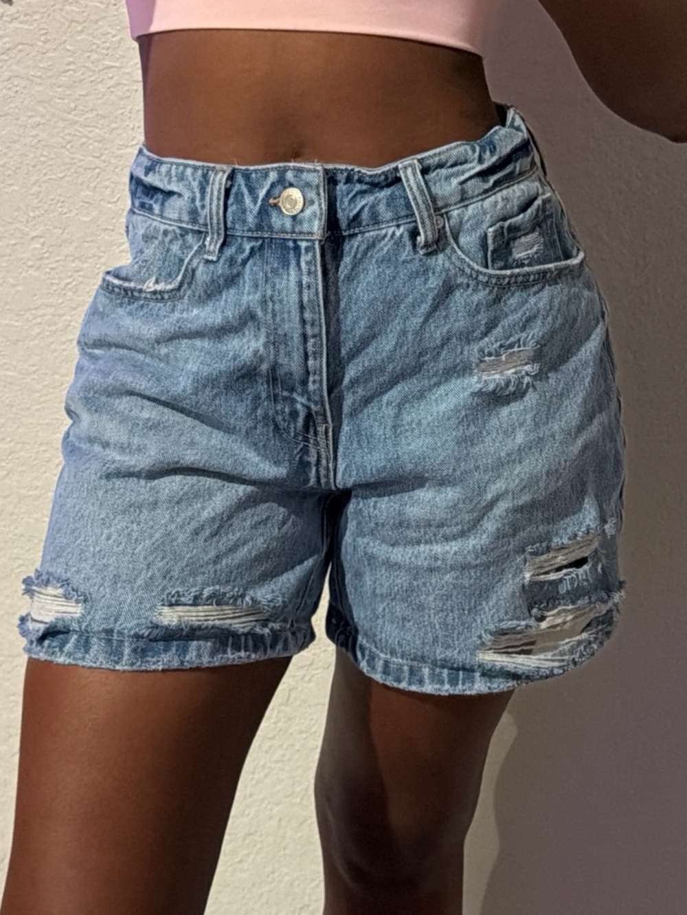Forever 21 Light Blue Distressed High Rise Denim Shorts